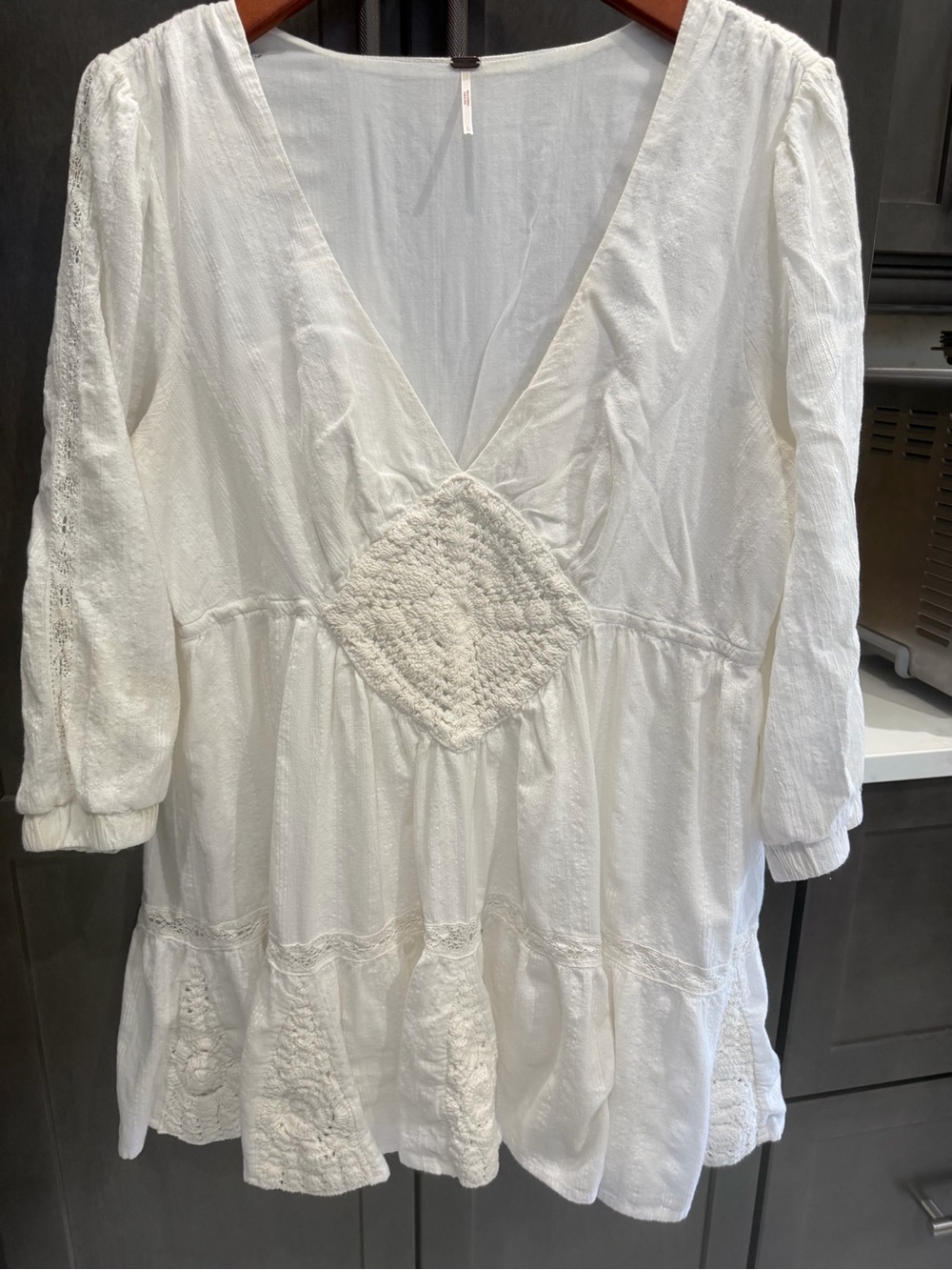 Free People Women's White V-Neck Peasant Blouse with Embroidered Panel